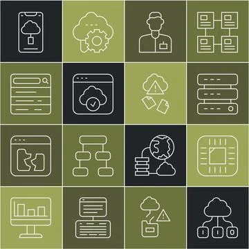 Set line Cloud technology data transfer, Processor with CPU, Server, Data, .. Stock Illustration