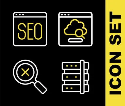 Set line Cloud technology data transfer, Server, Magnifying glass and delet.. Stock Illustration