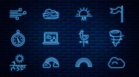 Set line Cloud, Tornado, Sunrise, Weather forecast, Compass, Wind, Rooster Stock Illustration