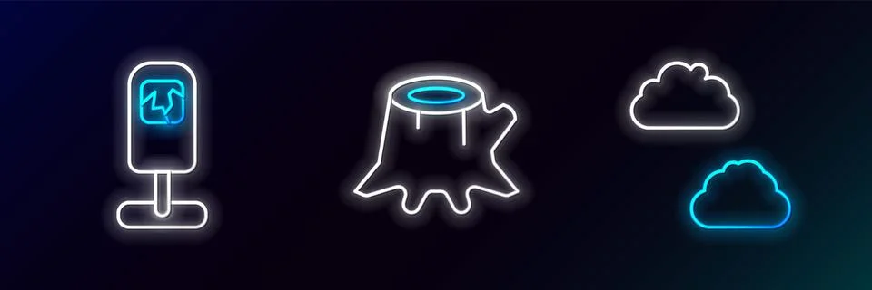 Set line Cloud, Trash can and Tree stump icon. Glowing neon. Vector Illustrazione stock