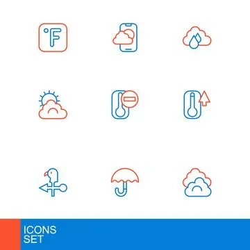 Set line Cloud, Umbrella, Rooster weather vane, Thermometer, Sun and cloud,.. Stock Illustration
