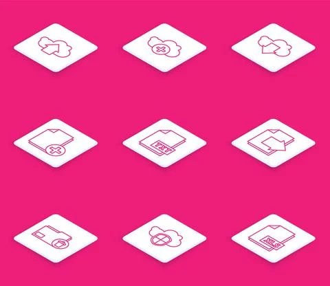 Set line Cloud upload, Add cloud, download, new file, TXT document, Next page Illustrazione stock