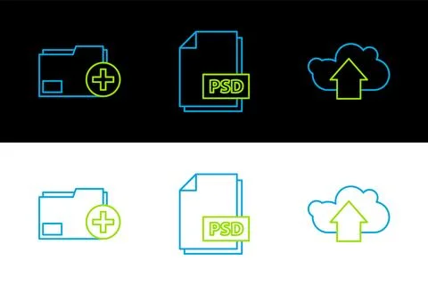 Set line Cloud upload, Add new folder and PSD file document icon. Vector Stock Illustration