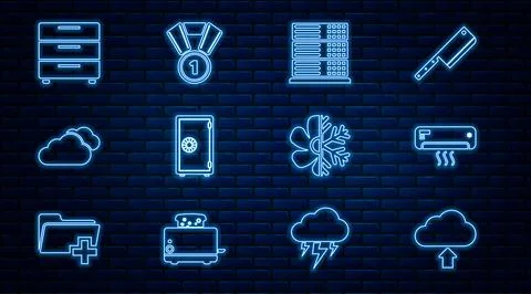 Set line Cloud upload, Air conditioner, Server, Data, Web Hosting, Safe, Furn Stock Illustration
