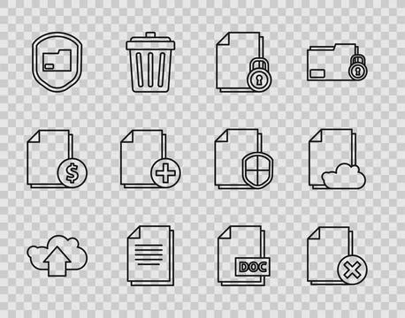 Set line Cloud upload, Delete file document, Document and lock, folder イラスト素材