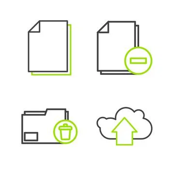 Set line Cloud upload, Delete folder, Document with minus and icon. Vector Illustrazione stock
