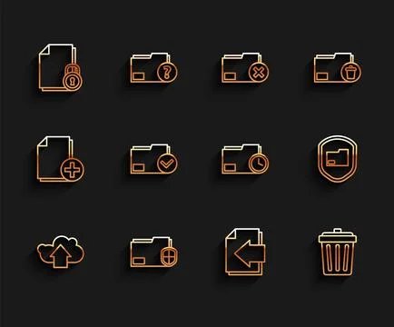 Set line Cloud upload, Document folder protection, and lock, Next page arrow, Stock Illustration