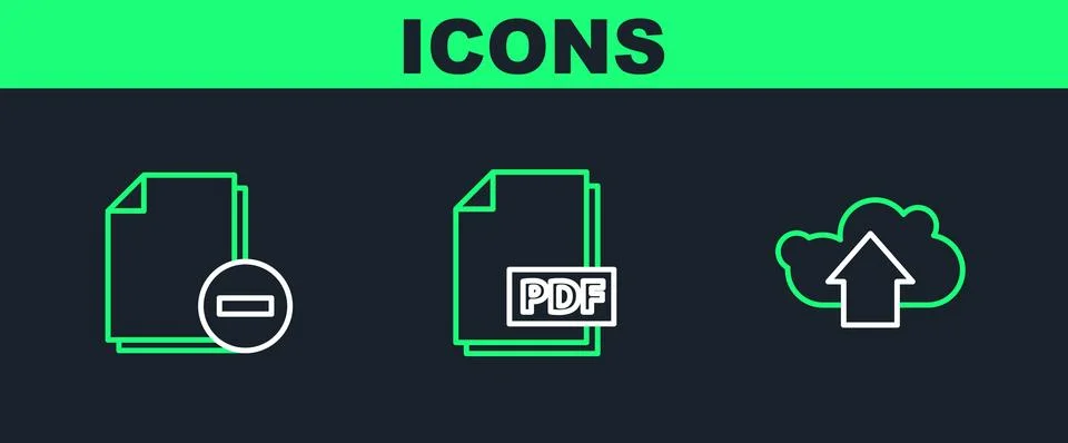 Set line Cloud upload, Document with minus and PDF file document icon. Vector 스톡 일러스트