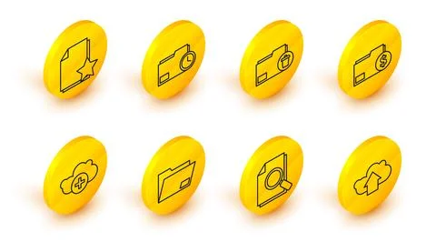 Set line Cloud upload, Document with search, folder, Add cloud, Finance doc.. Stock Illustration