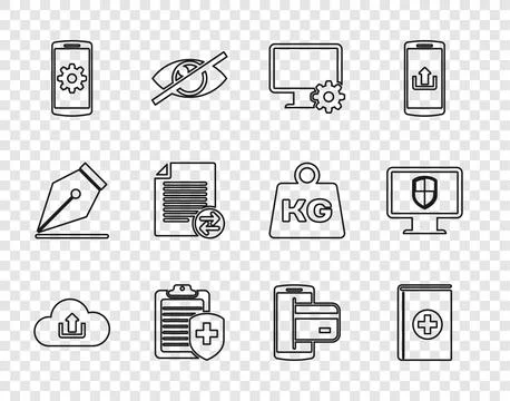 Set line Cloud upload, Medical book, Computer monitor and gear, Clipboard with Stock Illustration