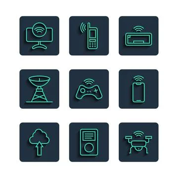 Set line Cloud upload, Music player, Smart drone system, Computer keyboard Stock-Illustration