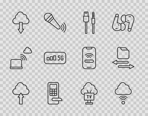 Set line Cloud upload, Network cloud connection, USB cable cord, Digital door イラスト素材