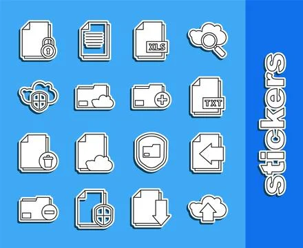 Set line Cloud upload, Next page arrow, TXT file document, XLS, storage tex.. Stock Illustration
