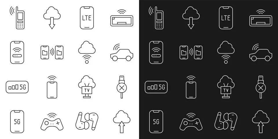 Set line Cloud upload, No usb cable cord, Smart car system, LTE network, Data Stock Illustration