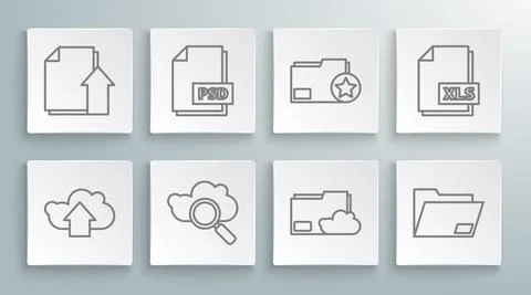 Set line Cloud upload, PSD file document, Search cloud computing, storage text Stockillustratie