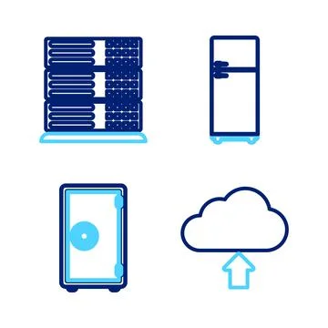 Set line Cloud upload, Safe, Refrigerator and Server, Data, Web Hosting icon Stock Illustration