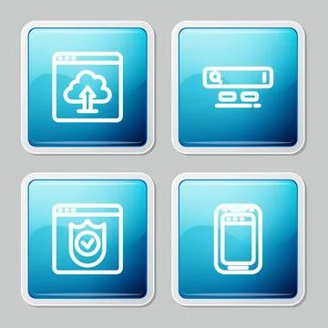 Set line Cloud upload, Search engine, Browser with shield and Mobile phone icon Stock Illustration