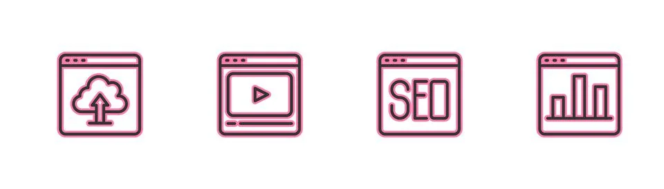 Set line Cloud upload, SEO optimization, Online play video and Graph chart in Stockillustratie