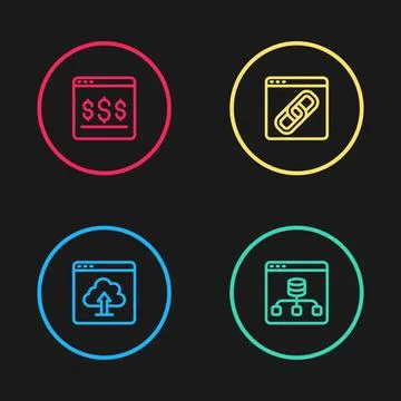 Set line Cloud upload Server Data Browser window and Online shopping on scree Stock Illustration