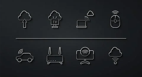 Set line Cloud upload, Smart car system, Wireless computer mouse, Tv, Router and Stock Illustration