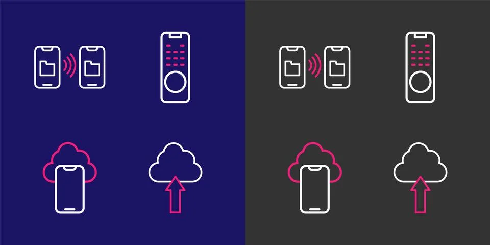 Set line Cloud upload, technology data, Remote control and Data transfer an.. Illustrazione stock
