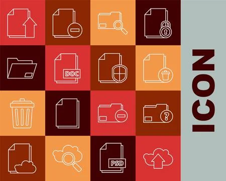 Set line Cloud upload, Unknown document folder, Delete file, Search concept.. Stock Illustration