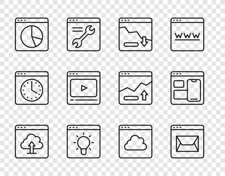 Set line Cloud upload, Website and mail, Financial growth decrease, Browser.. Stock Illustration