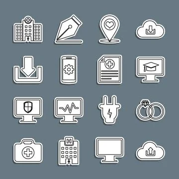 Set line Cloud upload, Wedding rings, Monitor with graduation cap, Map pointer イラスト素材