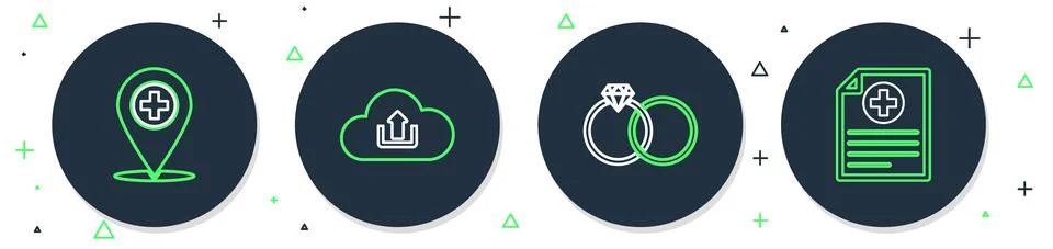 Set line Cloud upload, Wedding rings, Medical location with cross and Clinical Illustrazione stock