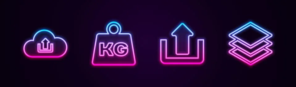 Set line Cloud upload, Weight, Upload and Layers. Glowing neon icon. Vector Illustrazione stock