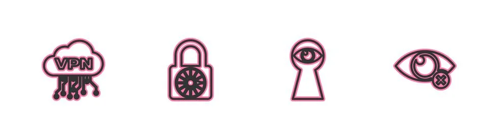 Set line Cloud VPN interface, Keyhole with eye, Safe combination lock wheel and Stock Illustration