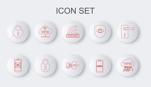 Set line Cloud VPN interface, Mobile and eye scan, Wifi locked, password, Castle Stock Illustration