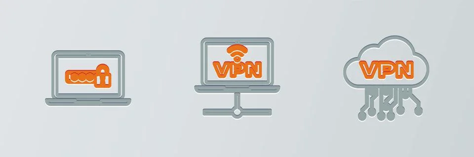 Set line Cloud VPN interface, Laptop with password and Computer network icon Illustrazione stock