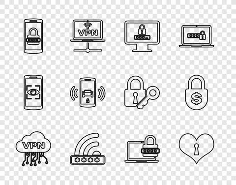 Set line Cloud VPN interface, Heart with keyhole, Monitor password, Wifi locked Stock Illustration