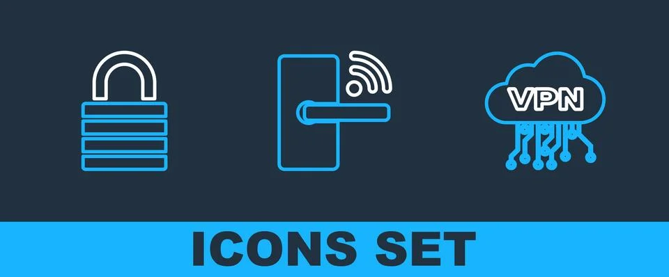 Set line Cloud VPN interface, Lock and Digital door lock with wireless icon イラスト素材