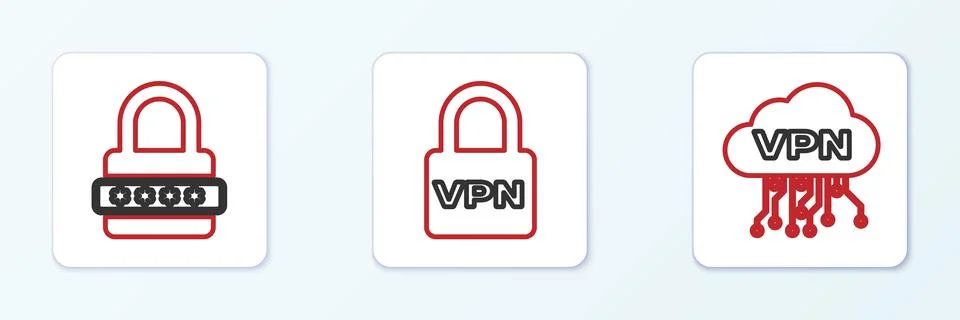 Set line Cloud VPN interface, Password protection and Lock icon. Vector 스톡 일러스트