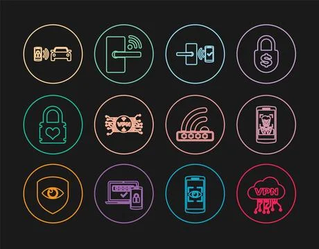 Set line Cloud VPN interface, Mobile and recognition, Digital door lock wit.. Stock Illustration