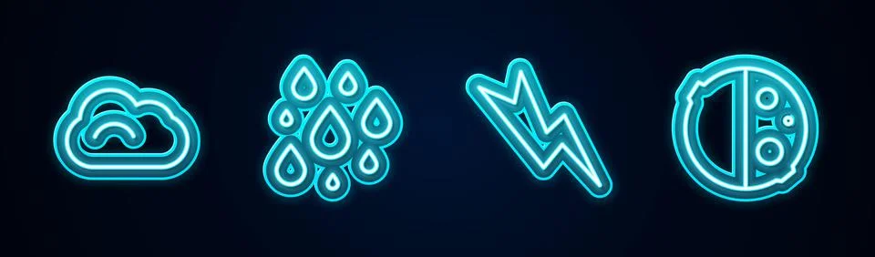 Set line Cloud, Water drop, Lightning bolt and Eclipse of the sun. Glowing neon 스톡 일러스트