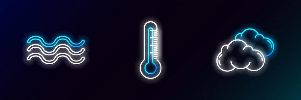 Set line Cloud, Waves and Thermometer icon. Glowing neon. Vector Illustrazione stock