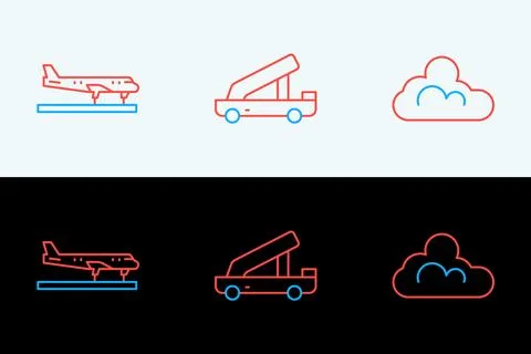 Set line Cloud weather, Plane and Passenger ladder icon. Vector Stockillustratie