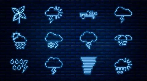 Set line Cloudy with snow, and rain, Wind, lightning, sun, Pinwheel, Storm .. Stock Illustration