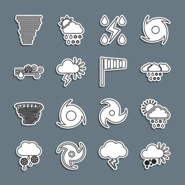 Set line Cloudy with snow, snow, rain, sun, and, Storm, Wind, Tornado and C.. Stock Illustration