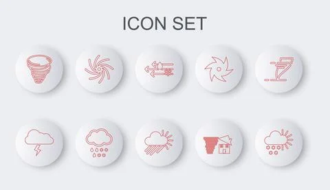 Set line Cloudy with snow, Storm, Wind and rain, Tornado swirl, and sun icon Stock Illustration