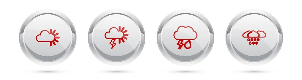 Set line Cloudy, Storm, with rain and lightning and snow. Silver circle button Stock Illustration