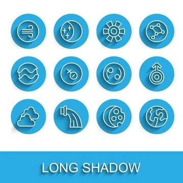 Set line Cloudy weather, Aquarius zodiac, Windy, Eclipse of sun, Earth globe Illustrazione stock