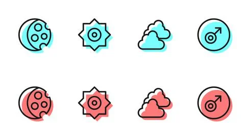 Set line Cloudy weather, Eclipse of sun, Falling star and Mars symbol icon 스톡 일러스트