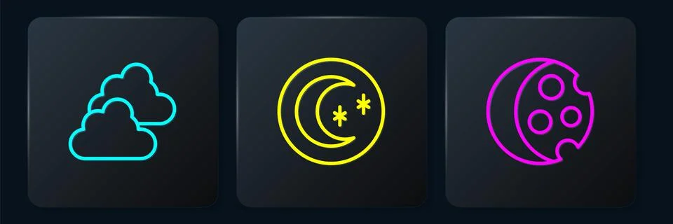 Set line Cloudy weather Eclipse of sun and Moon and stars. Black square butto Ilustração Stock