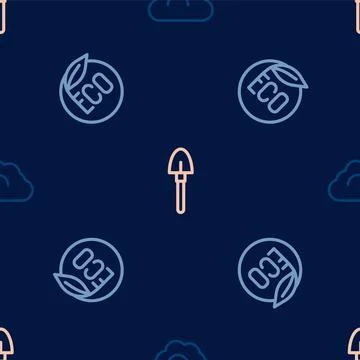 Set line Cloudy weather, Eco healthy food and Shovel on seamless pattern. Vector Stock Illustration