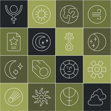 Set line Cloudy weather, Sun, Eclipse of sun, Earth globe, Moon and stars, .. Ilustração Stock