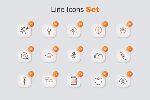 Set line Clover, Apple, Jam jar, Mushroom, Leaf, Wooden log and  icon. Vector Stock Illustration